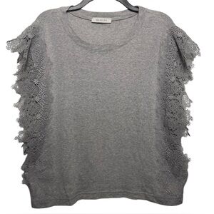 Mansion Lace Panel Parisian Flutter Short Sleeve Gray Casual Top Size M/L
